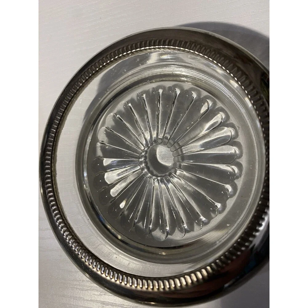 Set of 4 Vintage Silver Rim Glass Coasters Starburst Pattern MCM Italy